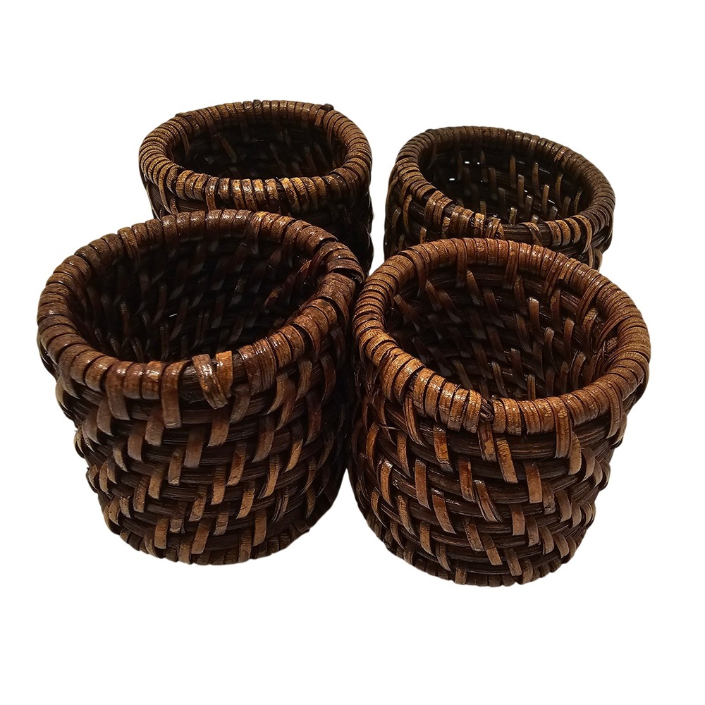 Set of 4 Dark Brown Woven Rattan Napkin Rings Rustic Basketweave Boho Table